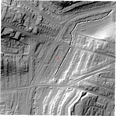 Shaded relief map of the ground around LE36AG, computed from Environment Agency LiDAR. The ground here sits at about 59 m above sea level and falls 24 m across the surrounding 800 m. Surface water reaching this point runs off ground lying to the south, 3.8 m higher.