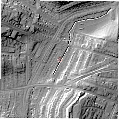 Shaded relief map of the ground around LE36AH, computed from Environment Agency LiDAR. The ground here sits at about 59 m above sea level and falls 23 m across the surrounding 800 m. Surface water reaching this point runs off ground lying to the south-east, 13.3 m higher.