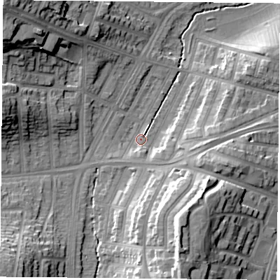 Shaded relief map of the ground around LE36BP, computed from Environment Agency LiDAR. The ground here sits at about 60 m above sea level and falls 24 m across the surrounding 800 m. Surface water reaching this point runs off ground lying to the south, 3.0 m higher.