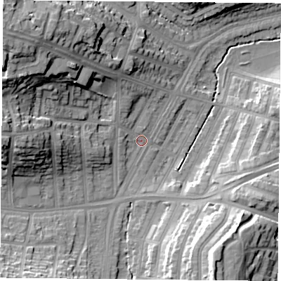 Shaded relief map of the ground around LE36DD, computed from Environment Agency LiDAR. The ground here sits at about 60 m above sea level and falls 27 m across the surrounding 800 m. Surface water reaching this point runs off ground lying to the north-west, 19.3 m higher.