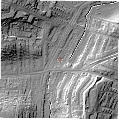 Shaded relief map of the ground around LE36DT, computed from Environment Agency LiDAR. The ground here sits at about 59 m above sea level and falls 26 m across the surrounding 800 m. Surface water reaching this point runs off ground lying to the north-west, 22.2 m higher.
