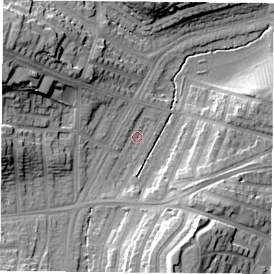 Shaded relief map of the ground around LE36DU, computed from Environment Agency LiDAR. The ground here sits at about 59 m above sea level and falls 24 m across the surrounding 800 m. Surface water reaching this point runs off ground lying to the north-west, 20.0 m higher.