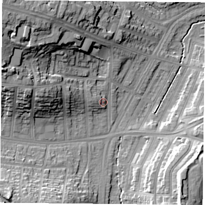 Shaded relief map of the ground around LE36DY, computed from Environment Agency LiDAR. The ground here sits at about 62 m above sea level and falls 28 m across the surrounding 800 m. Surface water reaching this point runs off ground lying to the west-north-west, 4.0 m higher.