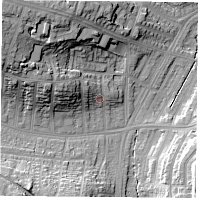 Shaded relief map of the ground around LE36FA, computed from Environment Agency LiDAR. The ground here sits at about 64 m above sea level and falls 29 m across the surrounding 800 m. Surface water reaching this point runs off ground lying to the west-north-west, 6.6 m higher.