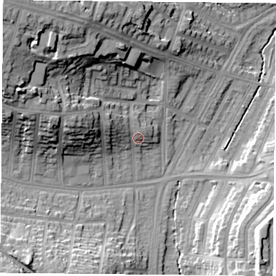 Shaded relief map of the ground around LE36FB, computed from Environment Agency LiDAR. The ground here sits at about 63 m above sea level and falls 29 m across the surrounding 800 m. Surface water reaching this point runs off ground lying to the west-north-west, 6.4 m higher.