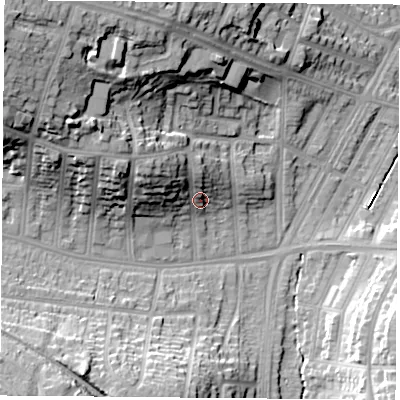 Shaded relief map of the ground around LE36GE, computed from Environment Agency LiDAR. The ground here sits at about 64 m above sea level and falls 28 m across the surrounding 800 m. Surface water reaching this point runs off ground lying to the north-west, 10.9 m higher.