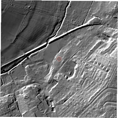 Shaded relief map of the ground around LE38BQ, computed from Environment Agency LiDAR. The ground here sits at about 70 m above sea level and falls 28 m across the surrounding 800 m. Surface water reaching this point runs off ground lying to the east-south-east, 2.6 m higher.