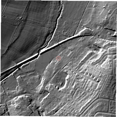 Shaded relief map of the ground around LE38BS, computed from Environment Agency LiDAR. The ground here sits at about 68 m above sea level and falls 26 m across the surrounding 800 m. Surface water reaching this point runs off ground lying to the south-east, 14.9 m higher.
