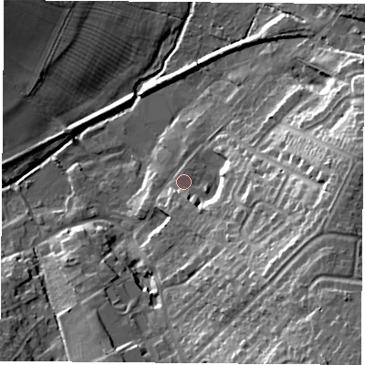 Shaded relief map of the ground around LE38BT, computed from Environment Agency LiDAR. The ground here sits at about 71 m above sea level and falls 29 m across the surrounding 800 m. Surface water reaching this point runs off ground lying to the east-south-east, 19.0 m higher.
