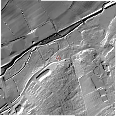 Shaded relief map of the ground around LE38DF, computed from Environment Agency LiDAR. The ground here sits at about 70 m above sea level and falls 21 m across the surrounding 800 m. Surface water reaching this point runs off ground lying to the south-south-east, 2.0 m higher.