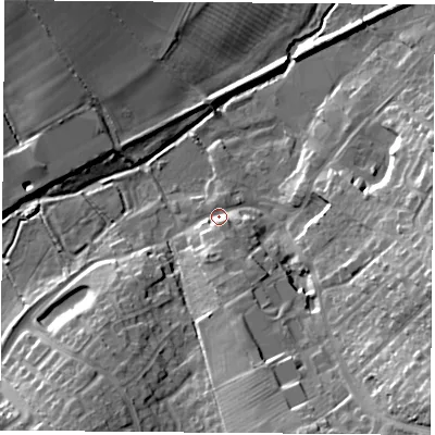 Shaded relief map of the ground around LE38DG, computed from Environment Agency LiDAR. The ground here sits at about 70 m above sea level and falls 23 m across the surrounding 800 m. Surface water reaching this point runs off ground lying to the south-south-east, 4.6 m higher.