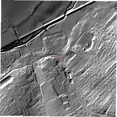 Shaded relief map of the ground around LE38DQ, computed from Environment Agency LiDAR. The ground here sits at about 69 m above sea level and falls 28 m across the surrounding 800 m. Surface water reaching this point runs off ground lying to the south-east, 25.3 m higher.