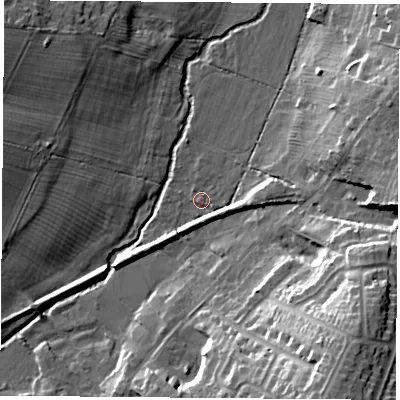 Shaded relief map of the ground around LE38DT, computed from Environment Agency LiDAR. The ground here sits at about 68 m above sea level and falls 24 m across the surrounding 800 m. Surface water reaching this point runs off ground lying to the south-west, 3.8 m higher.