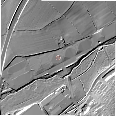 Shaded relief map of the ground around LE38DX, computed from Environment Agency LiDAR. The ground here sits at about 73 m above sea level and falls 21 m across the surrounding 800 m. Surface water reaching this point runs off ground lying to the north-north-west, 13.9 m higher.