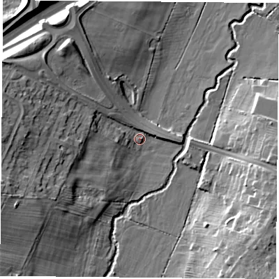 Shaded relief map of the ground around LE38GJ, computed from Environment Agency LiDAR. The ground here sits at about 67 m above sea level and falls 16 m across the surrounding 800 m. Surface water reaching this point runs off ground lying to the west-south-west, 12.7 m higher.
