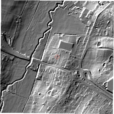 Shaded relief map of the ground around LE38GN, computed from Environment Agency LiDAR. The ground here sits at about 71 m above sea level and falls 19 m across the surrounding 800 m. Surface water reaching this point runs off ground lying to the south-east, 4.5 m higher.