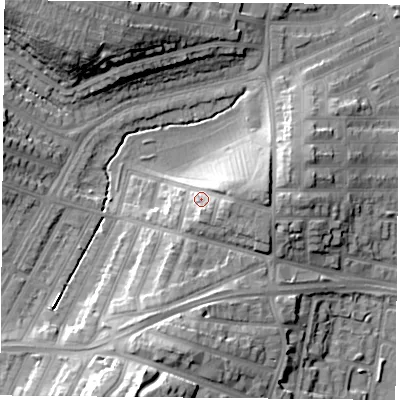Shaded relief map of the ground around LE39DF, computed from Environment Agency LiDAR. The ground here sits at about 64 m above sea level and falls 22 m across the surrounding 800 m. Surface water reaching this point runs off ground lying to the east, 4.4 m higher.