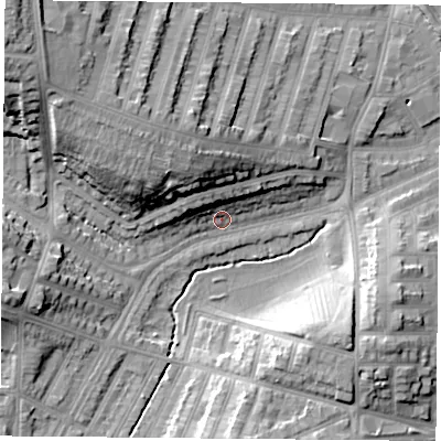 Shaded relief map of the ground around LE39RB, computed from Environment Agency LiDAR. The ground here sits at about 58 m above sea level and falls 26 m across the surrounding 800 m. Surface water reaching this point runs off ground lying to the north-west, 21.4 m higher.