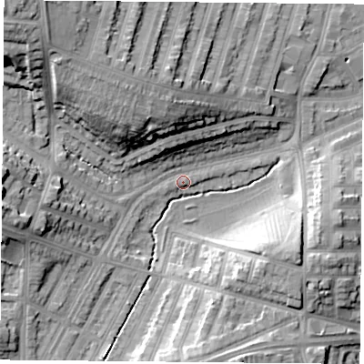 Shaded relief map of the ground around LE39RD, computed from Environment Agency LiDAR. The ground here sits at about 58 m above sea level and falls 26 m across the surrounding 800 m. Surface water reaching this point runs off ground lying to the west-south-west, 12.0 m higher.