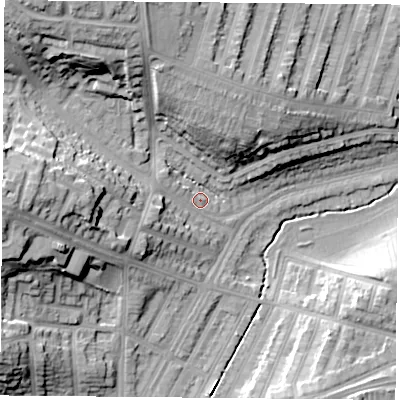Shaded relief map of the ground around LE39RF, computed from Environment Agency LiDAR. The ground here sits at about 60 m above sea level and falls 26 m across the surrounding 800 m. Surface water reaching this point runs off ground lying to the north-west, 22.1 m higher.
