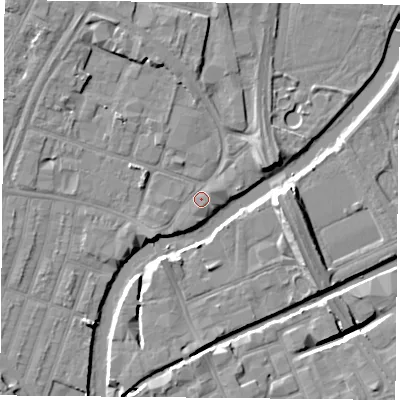 Shaded relief map of the ground around LE40AA, computed from Environment Agency LiDAR. The ground here sits at about 54 m above sea level and falls 9 m across the surrounding 800 m. Surface water reaching this point runs off ground lying to the south-west, 2.6 m higher.
