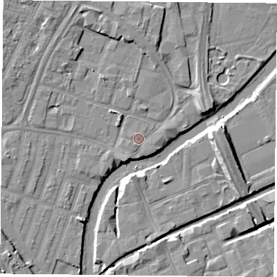 Shaded relief map of the ground around LE40AB, computed from Environment Agency LiDAR. The ground here sits at about 54 m above sea level and falls 10 m across the surrounding 800 m. Surface water reaching this point runs off ground lying to the south-south-west, 2.2 m higher.