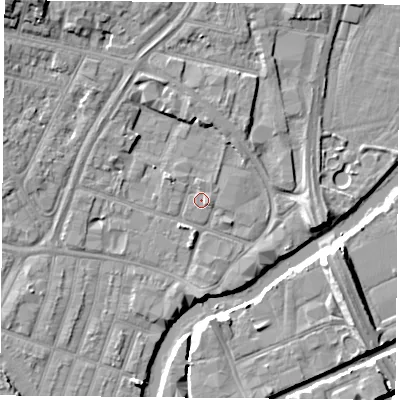 Shaded relief map of the ground around LE40AE, computed from Environment Agency LiDAR. The ground here sits at about 54 m above sea level and falls 13 m across the surrounding 800 m. Surface water reaching this point runs off ground lying to the north, 2.8 m higher.