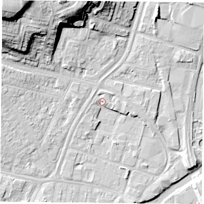 Shaded relief map of the ground around LE40AR, computed from Environment Agency LiDAR. The ground here sits at about 55 m above sea level and falls 33 m across the surrounding 800 m. Surface water reaching this point runs off ground lying to the south-east, 2.2 m higher.