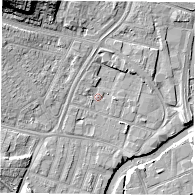 Shaded relief map of the ground around LE40AW, computed from Environment Agency LiDAR. The ground here sits at about 54 m above sea level and falls 20 m across the surrounding 800 m. Surface water reaching this point runs off ground lying to the east, 1.4 m higher.