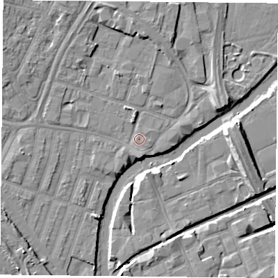 Shaded relief map of the ground around LE40BP, computed from Environment Agency LiDAR. The ground here sits at about 54 m above sea level and falls 10 m across the surrounding 800 m. Surface water reaching this point runs off ground lying to the north, 1.4 m higher.