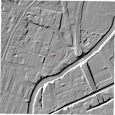Shaded relief map of the ground around LE40BQ, computed from Environment Agency LiDAR. The ground here sits at about 54 m above sea level and falls 9 m across the surrounding 800 m. Surface water reaching this point runs off ground lying to the north-north-west, 3.5 m higher.