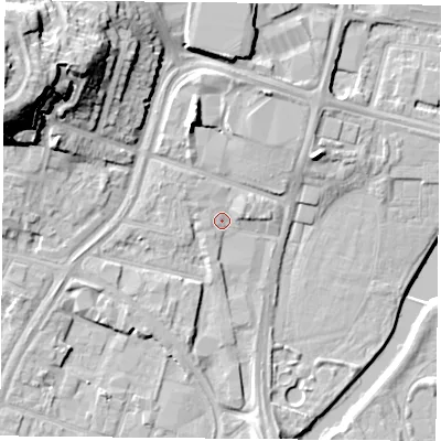 Shaded relief map of the ground around LE40BS, computed from Environment Agency LiDAR. The ground here sits at about 55 m above sea level and falls 26 m across the surrounding 800 m. Surface water reaching this point runs off ground lying to the north-west, 1.7 m higher.