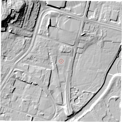 Shaded relief map of the ground around LE40BT, computed from Environment Agency LiDAR. The ground here sits at about 55 m above sea level and falls 25 m across the surrounding 800 m. The ground contributing surface water to this point lies to the south-south-west.