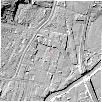 Shaded relief map of the ground around LE40BX, computed from Environment Agency LiDAR. The ground here sits at about 54 m above sea level and falls 23 m across the surrounding 800 m. Surface water reaching this point runs off ground lying to the north, 2.8 m higher.