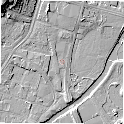 Shaded relief map of the ground around LE40BY, computed from Environment Agency LiDAR. The ground here sits at about 54 m above sea level and falls 25 m across the surrounding 800 m. Surface water reaching this point runs off ground lying to the north-west, 1.5 m higher.