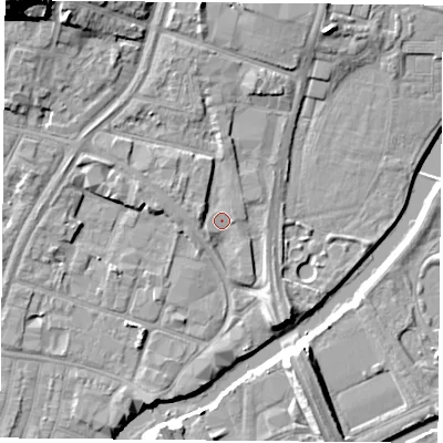 Shaded relief map of the ground around LE40BZ, computed from Environment Agency LiDAR. The ground here sits at about 54 m above sea level and falls 23 m across the surrounding 800 m. Surface water reaching this point runs off ground lying to the north-west, 19.6 m higher.