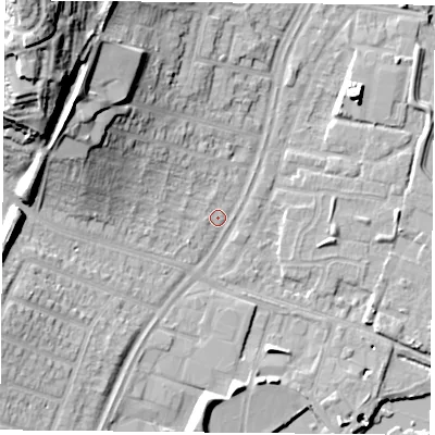 Shaded relief map of the ground around LE42AA, computed from Environment Agency LiDAR. The ground here sits at about 53 m above sea level and falls 34 m across the surrounding 800 m. Surface water reaching this point runs off ground lying to the west-north-west, 10.6 m higher.