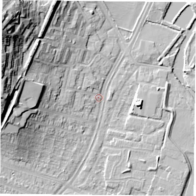 Shaded relief map of the ground around LE42AB, computed from Environment Agency LiDAR. The ground here sits at about 53 m above sea level and falls 36 m across the surrounding 800 m. Surface water reaching this point runs off ground lying to the west, 19.0 m higher.