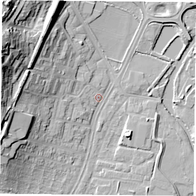 Shaded relief map of the ground around LE42AF, computed from Environment Agency LiDAR. The ground here sits at about 52 m above sea level and falls 34 m across the surrounding 800 m. Surface water reaching this point runs off ground lying to the west-north-west, 31.4 m higher.
