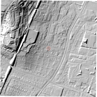 Shaded relief map of the ground around LE42AQ, computed from Environment Agency LiDAR. The ground here sits at about 55 m above sea level and falls 36 m across the surrounding 800 m. Surface water reaching this point runs off ground lying to the west-north-west, 16.3 m higher.