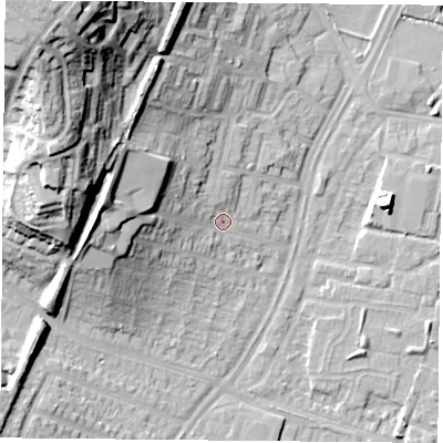 Shaded relief map of the ground around LE42AR, computed from Environment Agency LiDAR. The ground here sits at about 55 m above sea level and falls 37 m across the surrounding 800 m. Surface water reaching this point runs off ground lying to the west-north-west, 16.4 m higher.