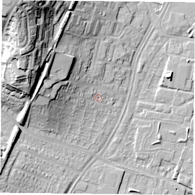 Shaded relief map of the ground around LE42AT, computed from Environment Agency LiDAR. The ground here sits at about 55 m above sea level and falls 36 m across the surrounding 800 m. Surface water reaching this point runs off ground lying to the west-north-west, 12.9 m higher.