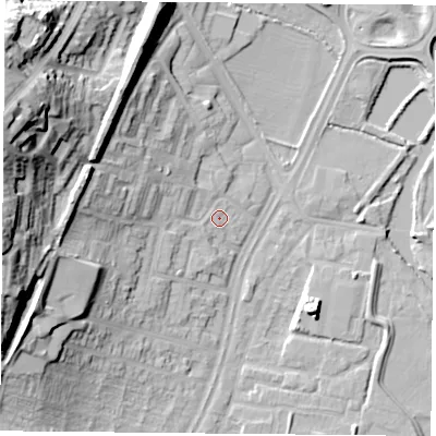 Shaded relief map of the ground around LE42AU, computed from Environment Agency LiDAR. The ground here sits at about 53 m above sea level and falls 36 m across the surrounding 800 m. Surface water reaching this point runs off ground lying to the west, 27.1 m higher.