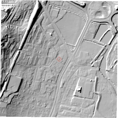 Shaded relief map of the ground around LE42AW, computed from Environment Agency LiDAR. The ground here sits at about 53 m above sea level and falls 34 m across the surrounding 800 m. Surface water reaching this point runs off ground lying to the west-north-west, 31.7 m higher.