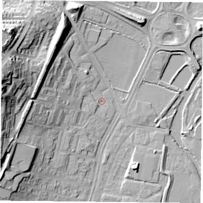 Shaded relief map of the ground around LE42QA, computed from Environment Agency LiDAR. The ground here sits at about 52 m above sea level and falls 34 m across the surrounding 800 m. Surface water reaching this point runs off ground lying to the west-north-west, 16.7 m higher.