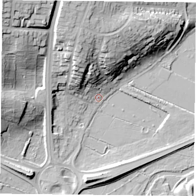 Shaded relief map of the ground around LE44DE, computed from Environment Agency LiDAR. The ground here sits at about 52 m above sea level and falls 34 m across the surrounding 800 m. Surface water reaching this point runs off ground lying to the north-north-west, 28.0 m higher.