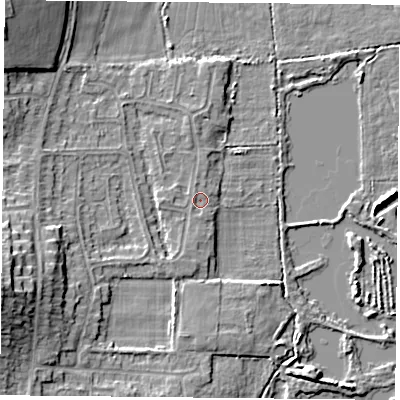 Shaded relief map of the ground around LE44GR, computed from Environment Agency LiDAR. The ground here sits at about 50 m above sea level and falls 13 m across the surrounding 800 m. Surface water reaching this point runs off ground lying to the north-west, 0.7 m higher.