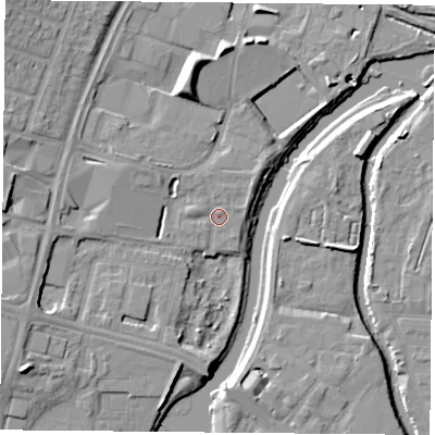 Shaded relief map of the ground around LE45AB, computed from Environment Agency LiDAR. The ground here sits at about 54 m above sea level and falls 11 m across the surrounding 800 m. Surface water reaching this point runs off ground lying to the west, 3.4 m higher.