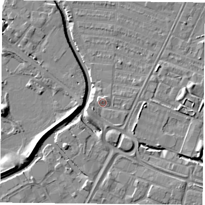 Shaded relief map of the ground around LE45AF, computed from Environment Agency LiDAR. The ground here sits at about 54 m above sea level and falls 7 m across the surrounding 800 m. Surface water reaching this point runs off ground lying to the south-south-east, 2.5 m higher.