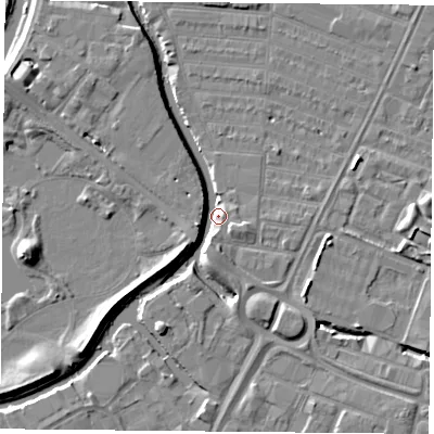 Shaded relief map of the ground around LE45AG, computed from Environment Agency LiDAR. The ground here sits at about 53 m above sea level and falls 7 m across the surrounding 800 m. Surface water reaching this point runs off ground lying to the south-east, 5.3 m higher.